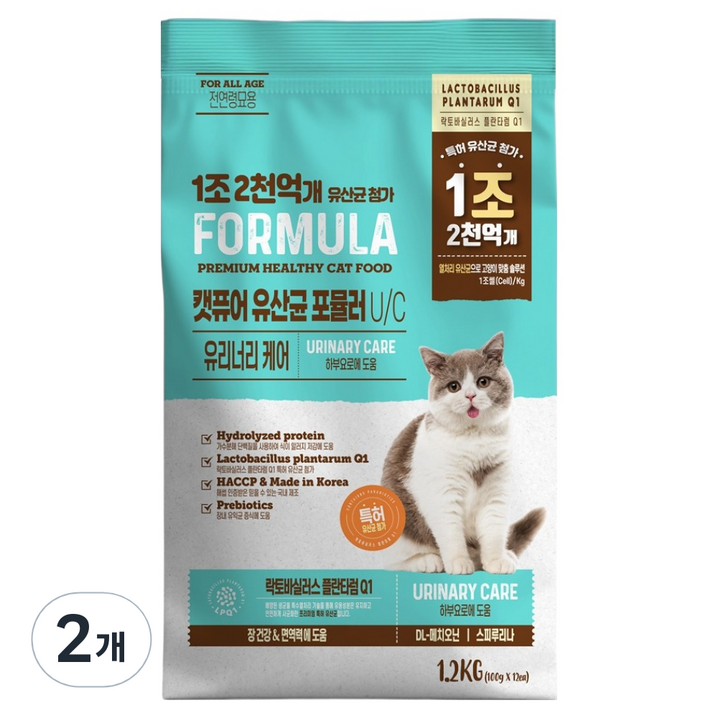 캣퓨어 고양이 유산균 포뮬러 U  C 유리너리케어 사료, 2개, 1.2kg, 유리너리장건강