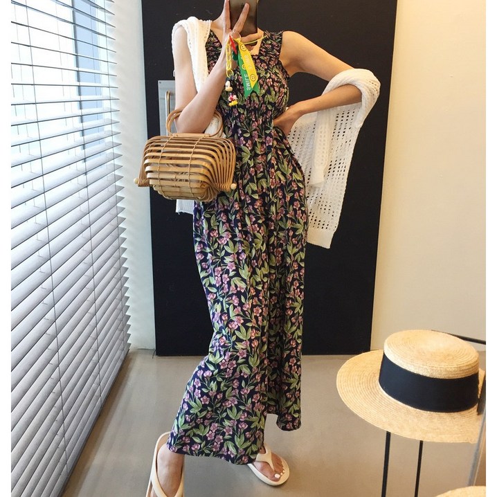 가드닝 스모크 민소매 나시 플라워 휴양지 여름 롱 쉬폰 원피스 3color