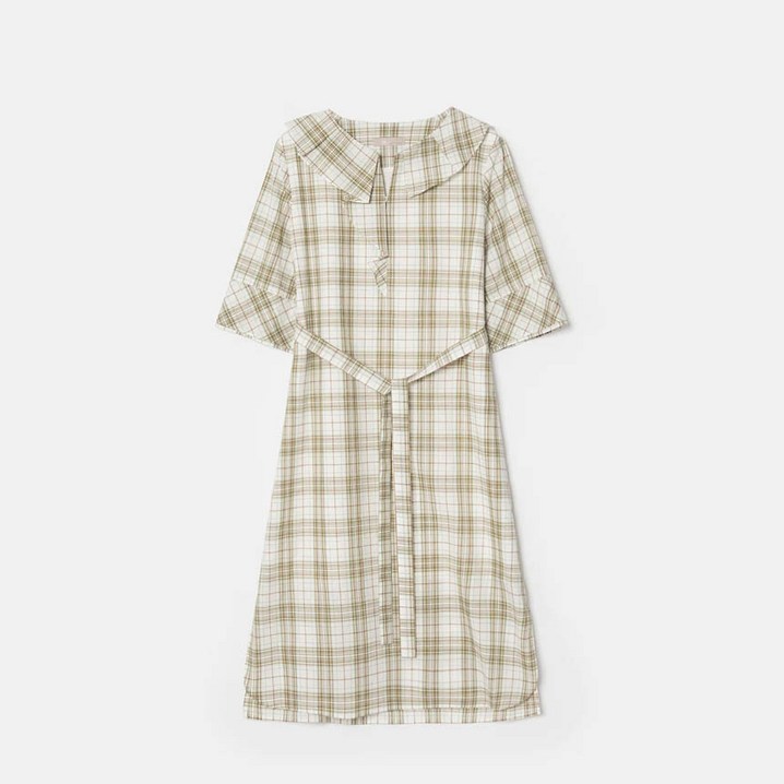 BEANPOLE 빈폴 레이디스 아이보리 코튼 체크 러플 포인트 원피스 BF0671C010
