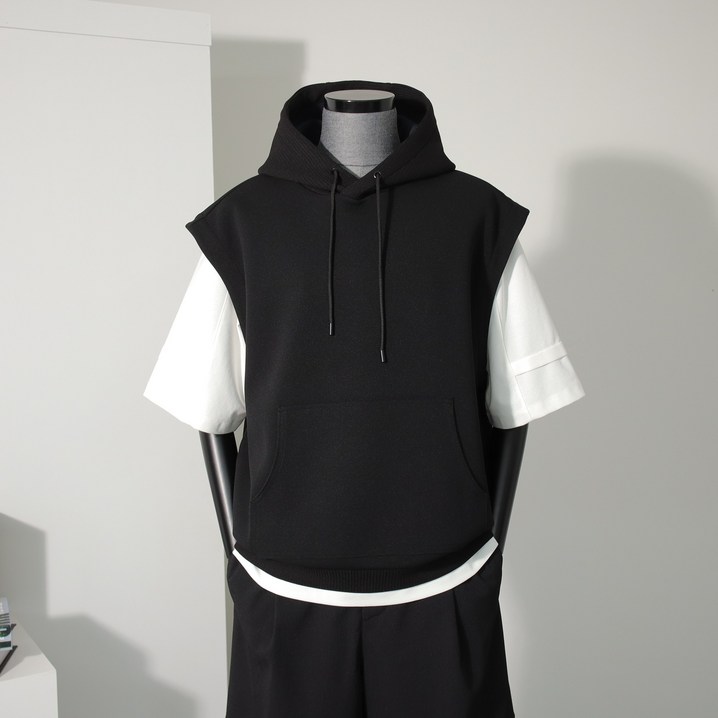 리버클래시 LLM41504BK OVERFIT TSHIRT 믹스 텍스쳐 슬리브리스 후드 티셔츠 블랙