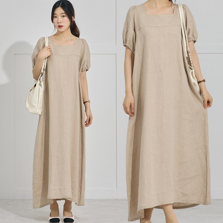 당일발송 메이징 여름 시원한 린넥 스퀘어넥 루즈핏 데일리 빅사이즈 반팔 롱 원피스