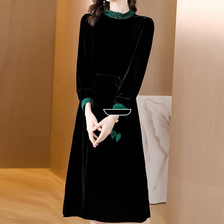 아뗄릭 여성용 배색 허리 스트링 벨벳 원피스 04912 빅사이즈 포함