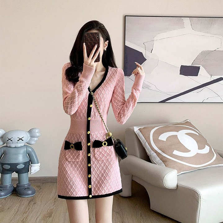 COSYEVNO V넥 니트 원피스 리본 슬림핏 허리 조임 여성 봄 미니스커트