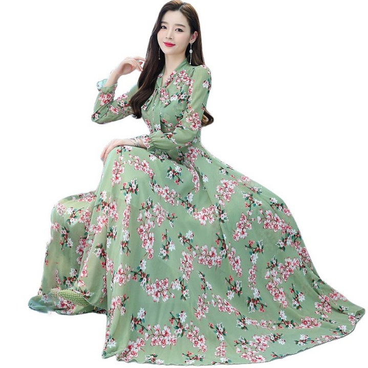 ROYALBELLE 여성 패션 잔꽃무늬 긴팔 롱 원피스 리본 타이 브이넥 플레어 원피스 Y033109