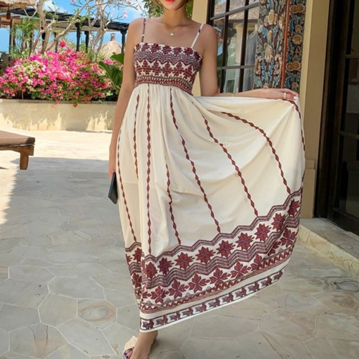 [44~88자체제작] 비키비키 할리아 원피스 롱 끈 여자 비치원피스 에스닉 빅사이즈 밴딩 휴양지 바캉스 비치웨어