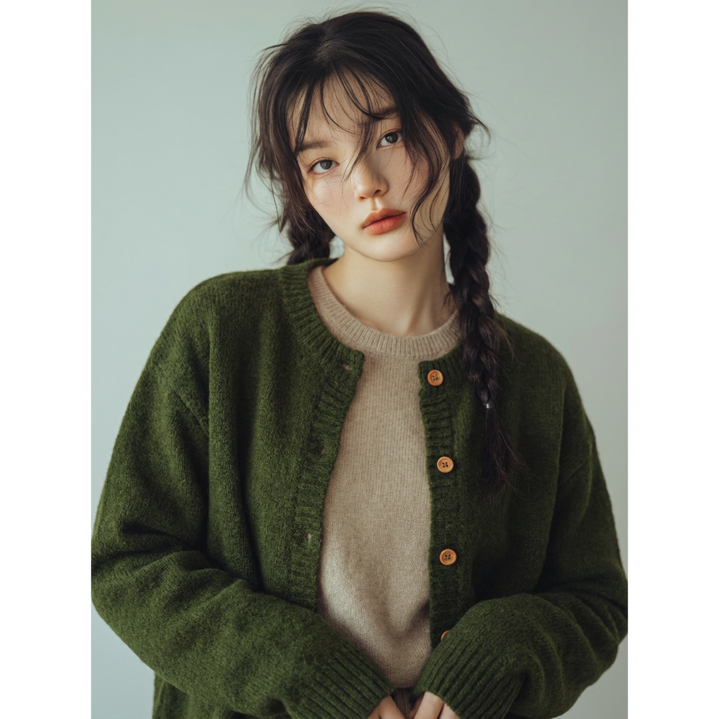 OFFONOFF 여성 레트로 니트 가디건 올리브 그린