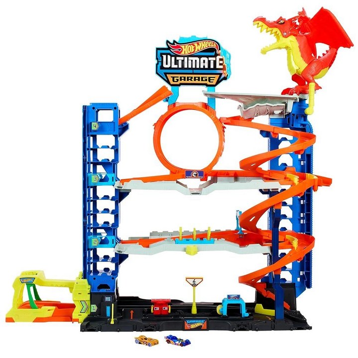 Hot Wheels City Ultimate Garage 놀이 세트, 다이캐스트 자동차 2개, 50개 이상의 1:64 스케일 자동차용 장난감 보관함, 4단계 트랙 플레이, 드래곤