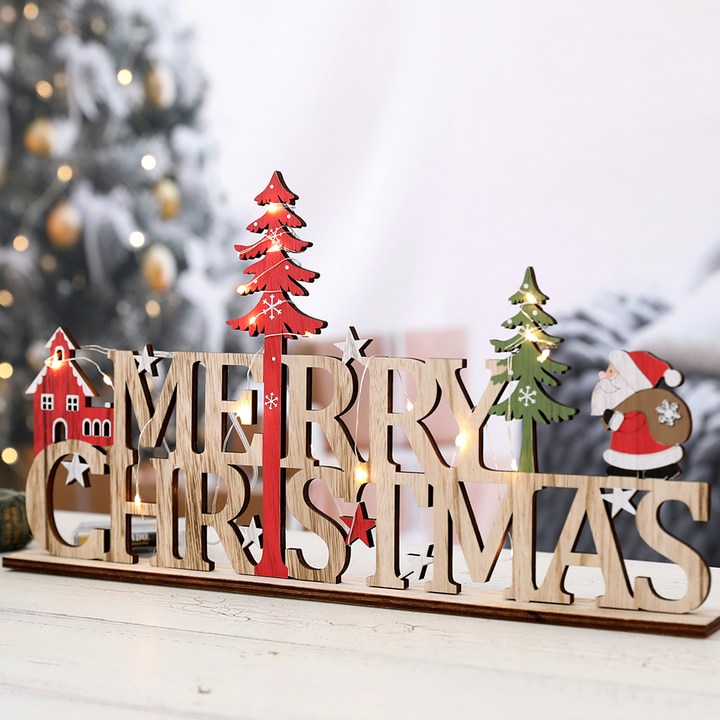 행복한마을 크리스마스 데코소품 크리스마스우드 사인 + 받침 + 세무줄 + LED 전구, 혼합 색상