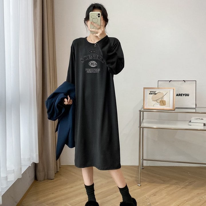 스타일아유 여성 롱티 레터링 홈웨어 자체제작 라운드넥 심플 긴팔 원피스 캐주얼  OP1560