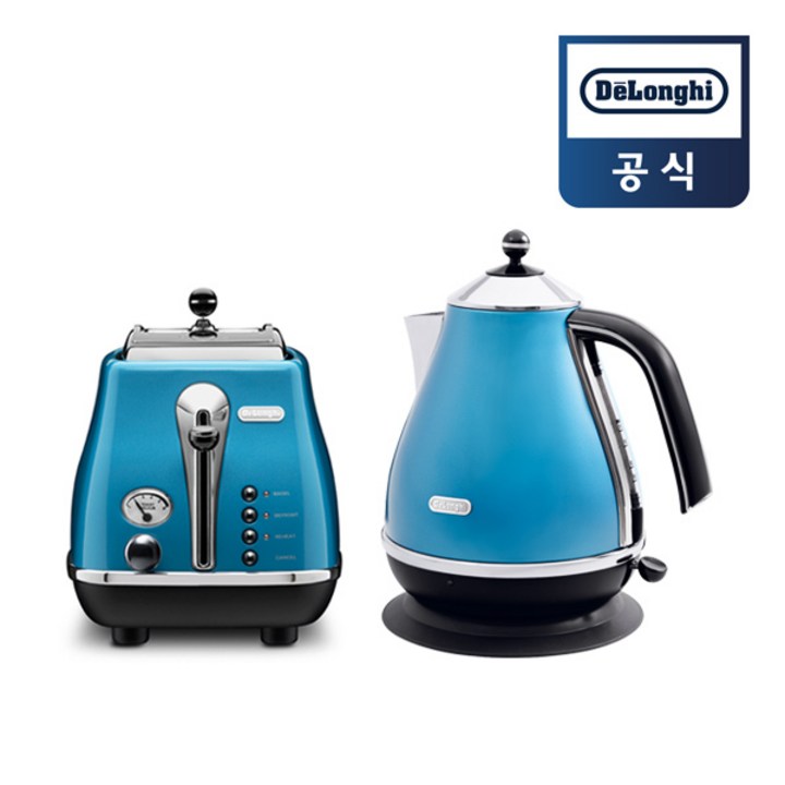 [드롱기] 아이코나 시리즈 전기주전자+토스터 세트(KBO2001+CTO2003), 전기주전자(블루)+토스터(블루)