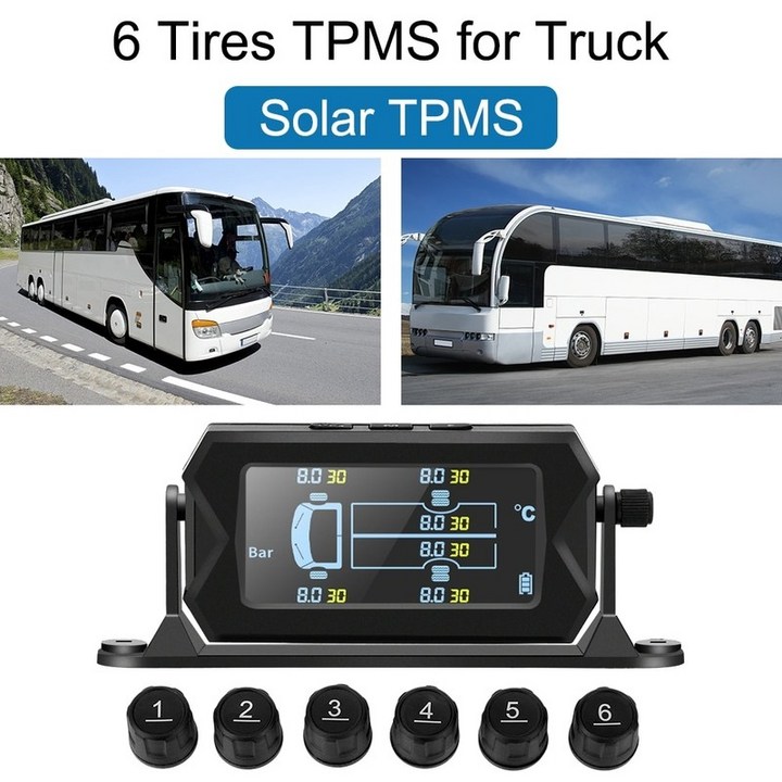 무선 솔라 타이어 압력 모니터링 시스템 6 외부 센서가있는 디지털 LCD 알람 자동차 RV 트럭 TPMS
