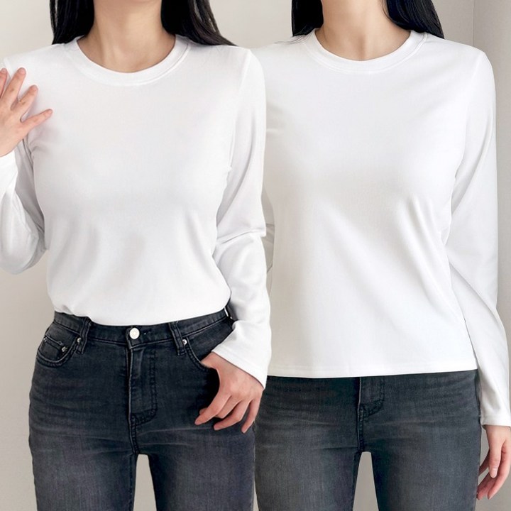 허블리 1+1 여성 기모 라운드 긴팔 티셔츠