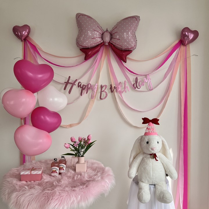 하피블리 핑크 하트 풍선 여자 생일 파티 용품 세트, 생일파티핑크