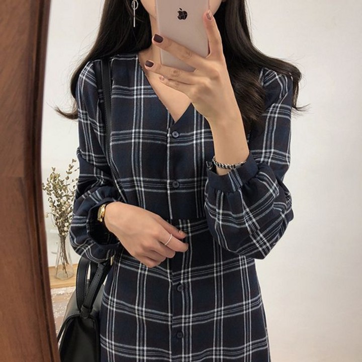 여성 데일리 체크 패턴 가을 단추 원피스 여성 데일리 체크 패턴 가을 단추 원피스