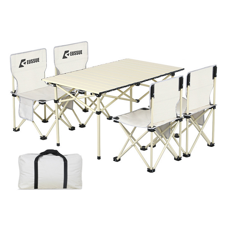 EPWEI 야외 캠핑 접이식 테이블 의자 세트 2 4 6 인용 튼튼한 휴대용 간편 체어, 베이지(라지 사이즈 수납백 증정)