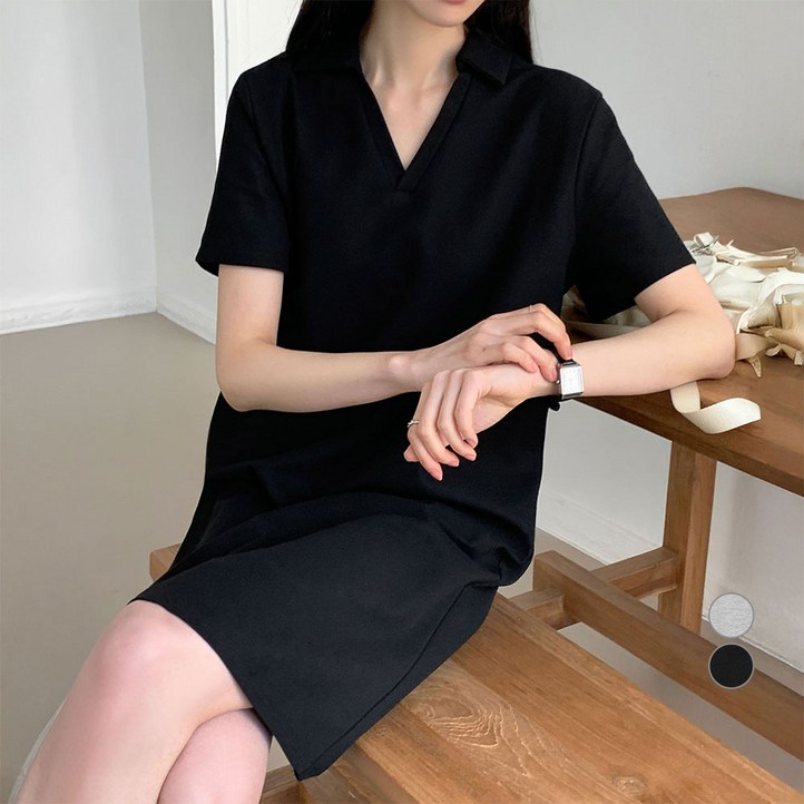 아피나르 여성용 오픈 카라 미니 피케 원피스