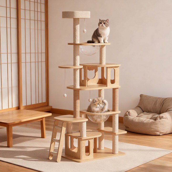 MARTEKLIFES대형 복합형 캣타워 클라이밍 스크래쳐 기둥 캣트리 고양이 집 전만대 캡슐 해먹 스프링보드, 1개, 원목색