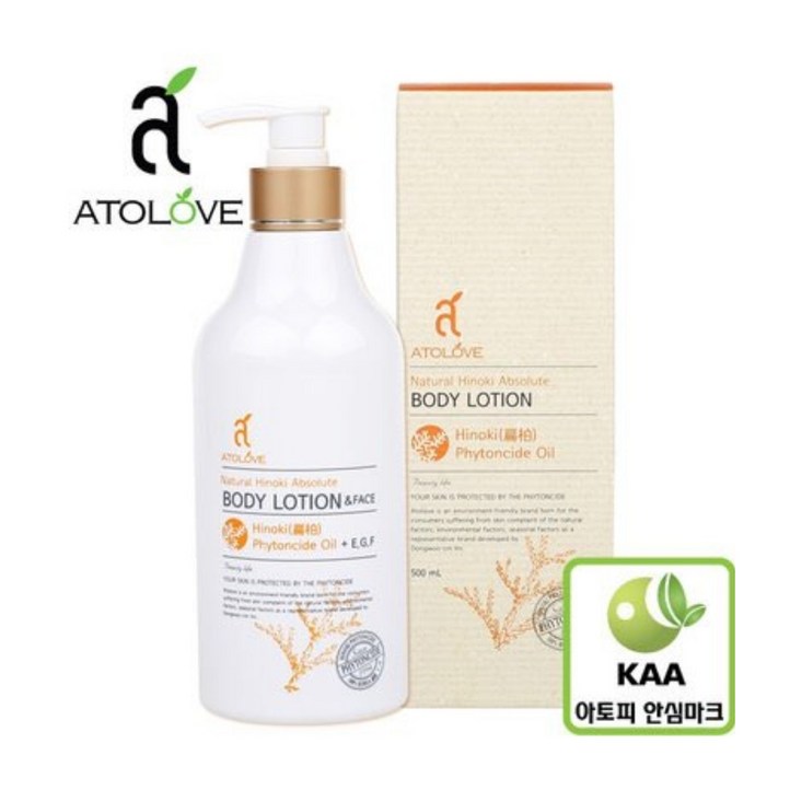 아토러브 편백 바디  페이스 로션 500ml  증정  알로에 핸드크림 100g 편백 바디로션 편백수 및 편백 오일 함유, 대한 아토피 협회 추천, 1개