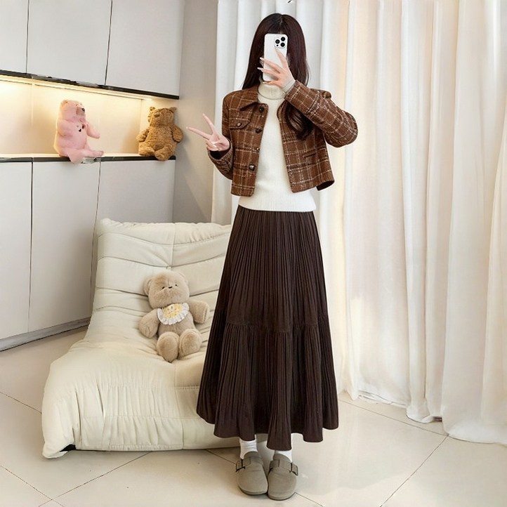 여성 가을 겨울 롱 스커트 빅 사이즈 데일리룩 루즈핏 밴딩 A라인 플리츠 롱 치마