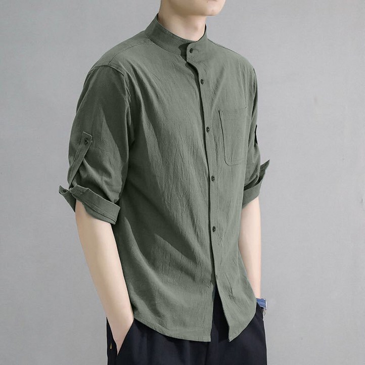 POMTOR 남성 여름 면 린넨 포켓 롤업 셔츠 남방 하이넥 슬림 루즈핏 셔츠 POMTOR 남성 여름 면 린넨 포켓 롤업 셔츠 남방 하이넥 슬림 루즈핏 셔츠