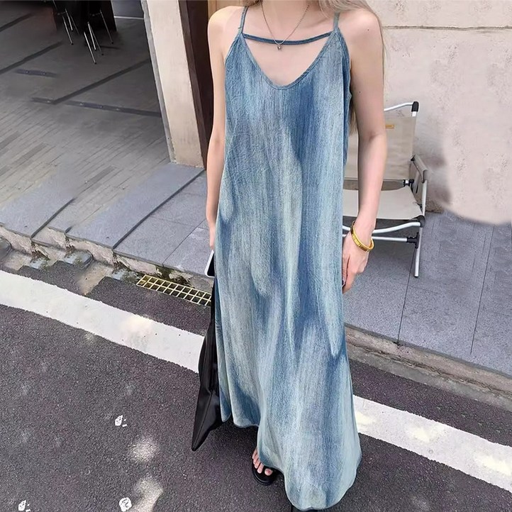 besteffie 뷔스티에원피스 여성 워싱 데님 롱 뷔스티에 원피스 나시롱원피스 데님 원피스 E55
