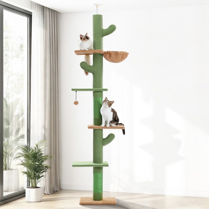 PAWZ Road 5단 대형 선인장 모양 플러시 패브릭 캣폴,천장 고정형 높이 조절 캣타워 해먹 239275cm, 1개, 그린