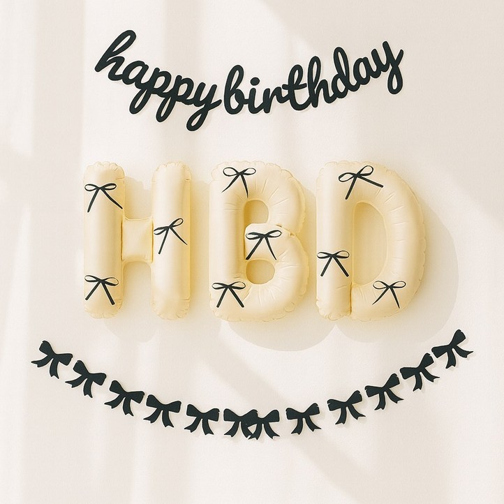 해피제이니 HBD 이니셜 생일 호일풍선 블랙 리본 생일가랜드 파티용품 세트, 1세트, 블랙가랜드 크림세트