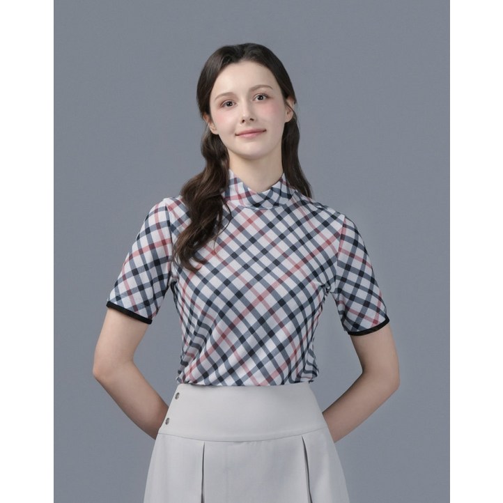 닥스 골프 여성 [LF몰단독] 여성 베이지 체크 하이넥 반팔 티셔츠