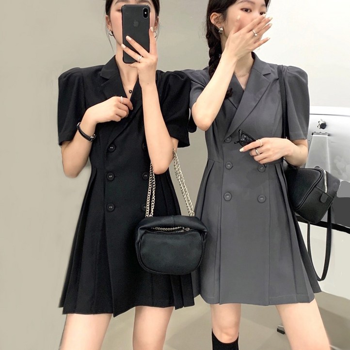 더블 버튼 주름 플리츠 자켓 원피스