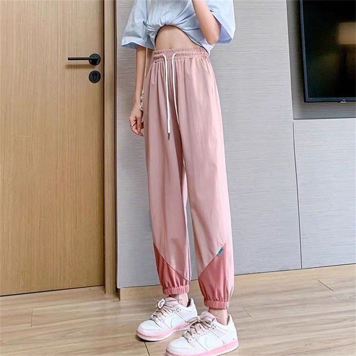 besteffie 여성 여름 스포티 캐주얼 배색 조거 팬츠 편안한 통기성 여름 바지 K57