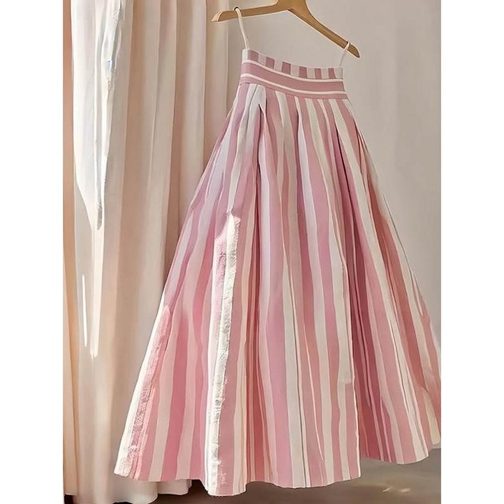 DURI 핑크 스커트 스트라이프 A라인 플레어 치마 여성 봄 여름 가을 롱스커트