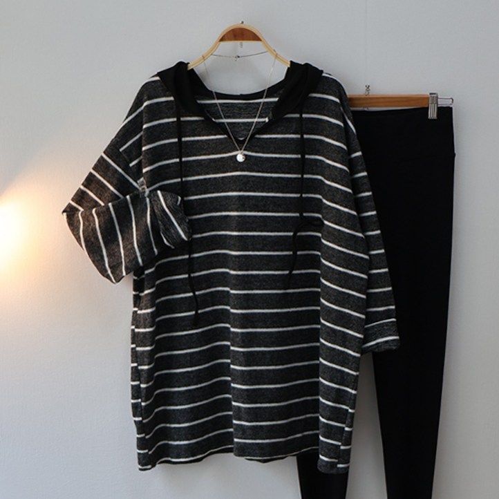 스카이코코 겉기모 긴팔 티셔츠 오버핏 후드 배색 단가라 롱티