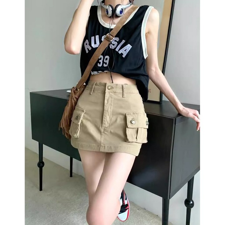 ANYOU여성용 카키 힙업 A라인 스커트 카고 미니 스커트 여성반바지