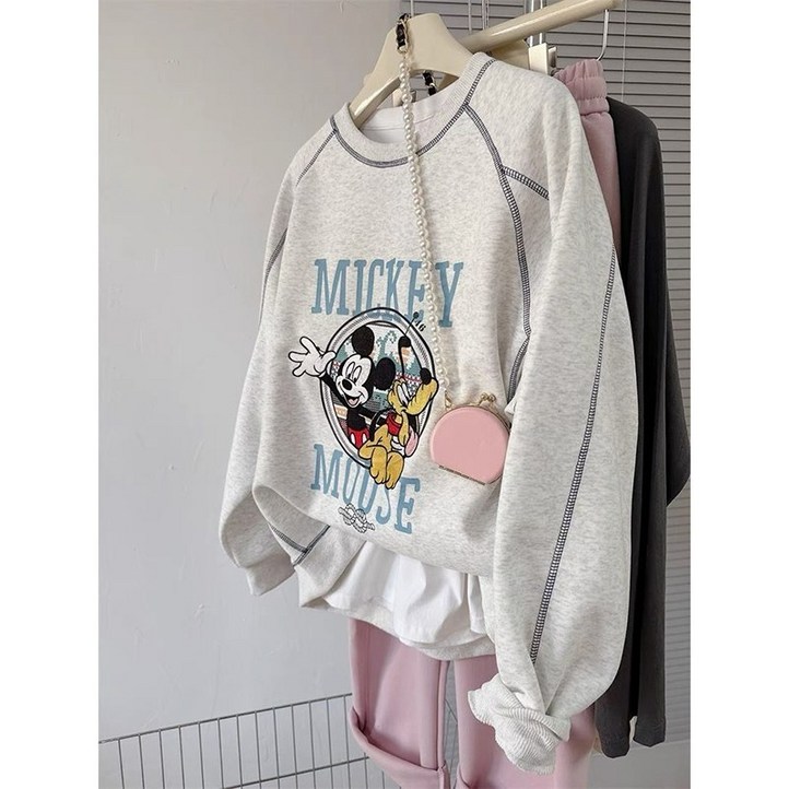 미키마우스 자수패턴 여성용 루즈핏 오버핏 캐주얼 맨투맨 티셔츠