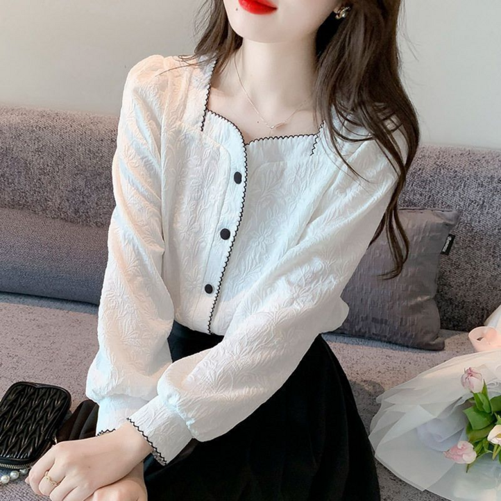 SAHINER 여성 가을 패션 꽃 자수 소매 프릴 블라우스 CS03