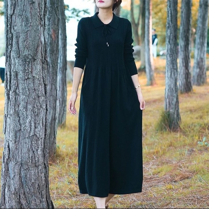 besteffie 여성 가을 니트 원피스 롱슬리브 데일리 캐주얼 골지 빅사이즈 배색