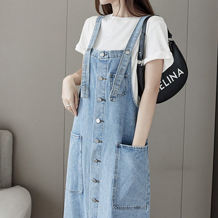 리틀깽스 다이뻐 5588 빅사이즈 데일리 편안한 워싱 빈티지 나시 멜빵 단추 데님 청 롱원피스