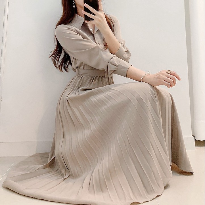 ANYOU 원피스 셔츠 가을 원피스 싱글 버튼 하프기장 플리츠 원피스 ANYOU 원피스 셔츠 가을 원피스 싱글 버튼 하프기장 플리츠 원피스