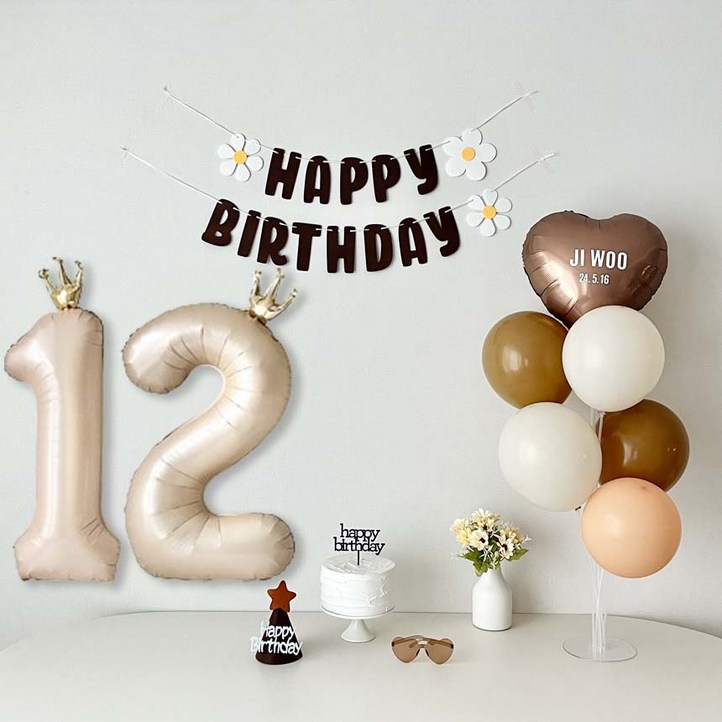 연지마켓 데이지 생일 가랜드 파티 용품 세트 숫자 풍선 레터링포함, 1세트, 브라운가랜드 숫자 12