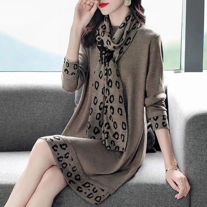 ORZQU 가을겨울 여자 캐주얼 기모 도톰 원피스 스카프 미디 이너