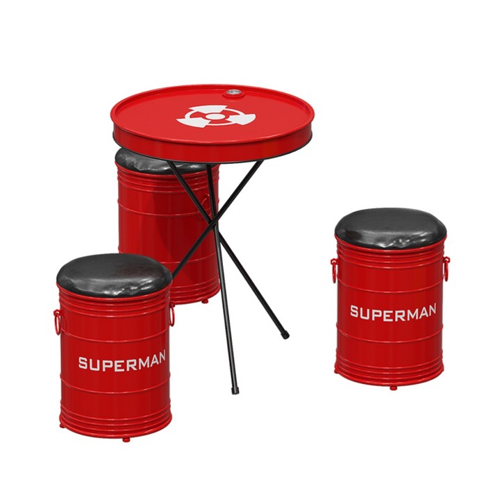 깡통 드럼통 테이블 의자 세트 펜션 고깃집 야외 캠핑, 빨간색 조합(낮은 의자 3개 + 테이블 1개)