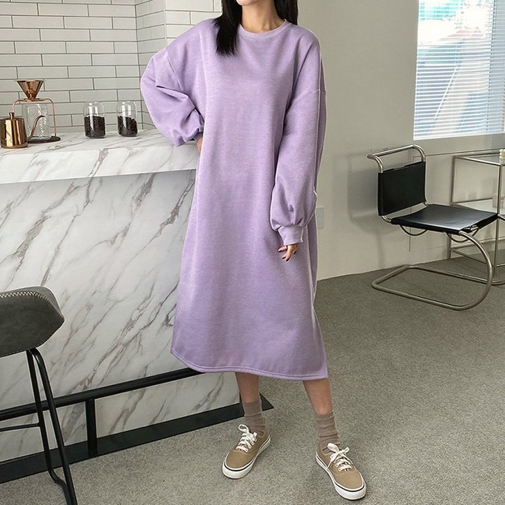 델리망고 겨울 기모 여성 베러 무지 퍼프 트임롱원피스 캐주얼 기본 루즈핏 롱티