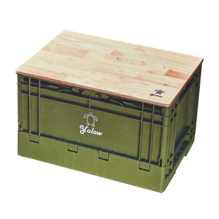 욜로우 캠핑 오픈도어 수납박스 테이블 겸용 폴딩박스, 카키(박스), 욜로우 + 우드(상판)
