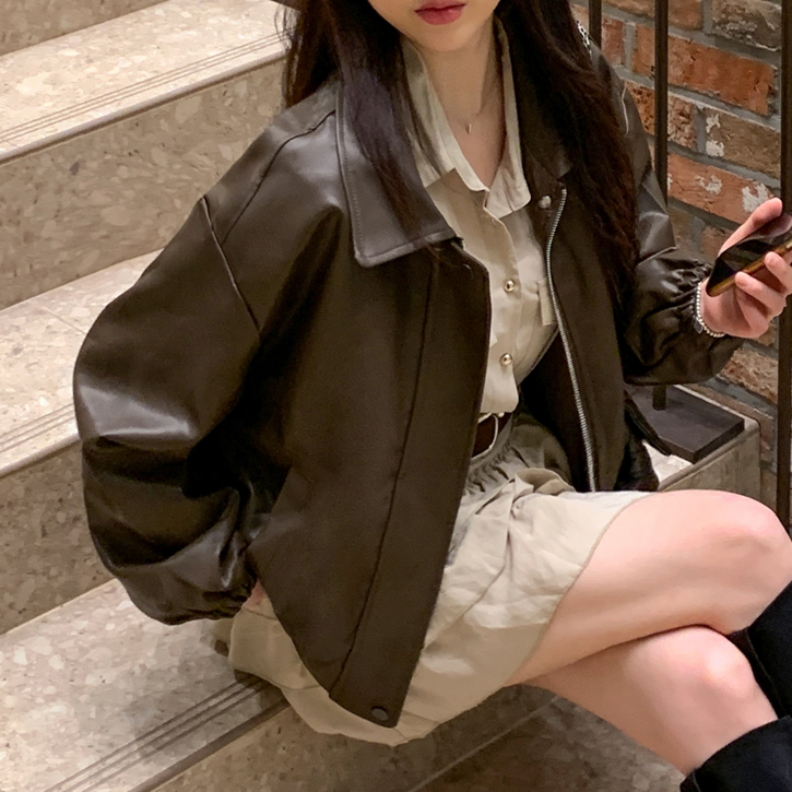 본사출고 워너비뮤즈 코디만능요즘필수 오버핏 레더 자켓 블루종 점퍼 카라 밴딩 봄 가을 간절기 아우터 꾸안꾸 캐주얼 데일리룩 아이보리 브라운 블랙