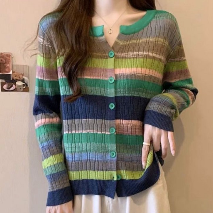 여성 겨울 이너 컬러플 니트 가디건 무지개 카라넥 가디건 캐주얼 골프웨어 스트라이프 가디건