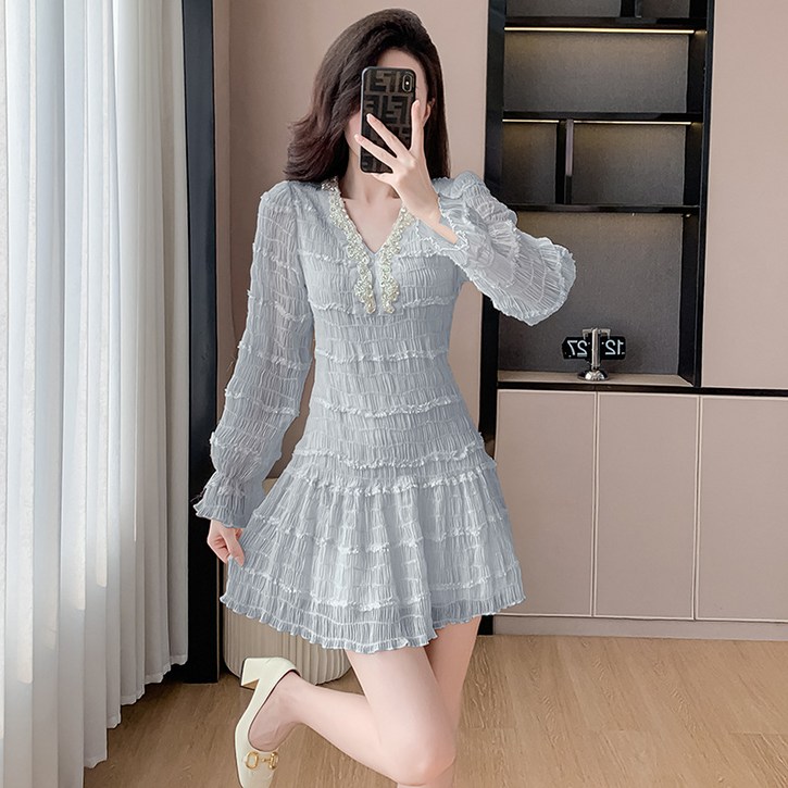 천하오 신상 여성 스타일 브이넥 시폰 프릴 원피스 TZ291