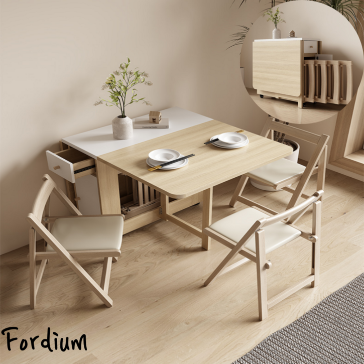 폴디움 공간활용 이동식 확장형 다이닝 접이식 식탁, 4인용, 블랙 의자제외