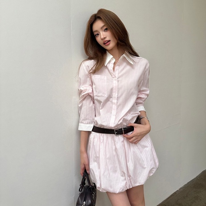 블랙아이보리 여성 하객룩 스트라이프 셔츠 벌룬 원피스