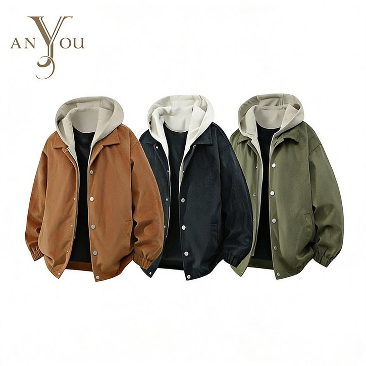 ANYOU 남성용 봄가을 루즈핏 후드 점퍼 빅사이즈 캐주얼 자켓