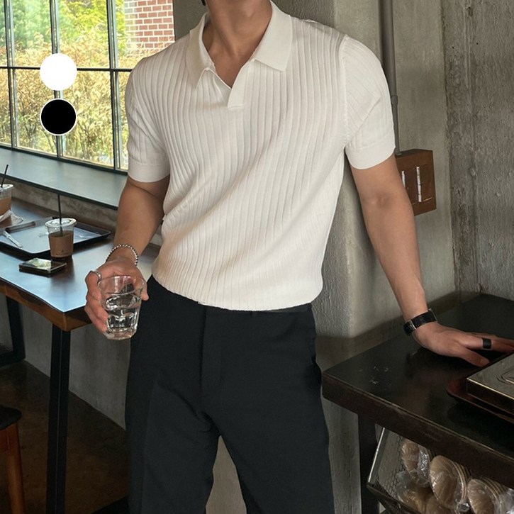 치유쿠 남자 여름 브이넥 슬림핏 단색 캐주얼 얇은 반팔 트렌디 니트 티셔츠